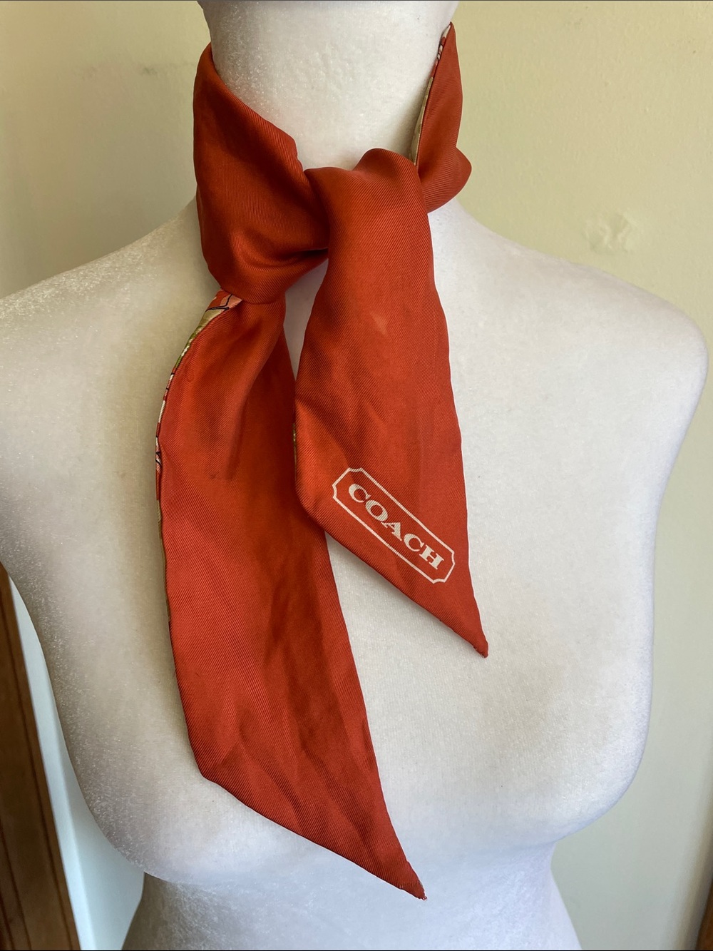 COACH Orange Floral Silk Twilly Skinny Scarf with White Monogram Logo - Picture 6 of 15